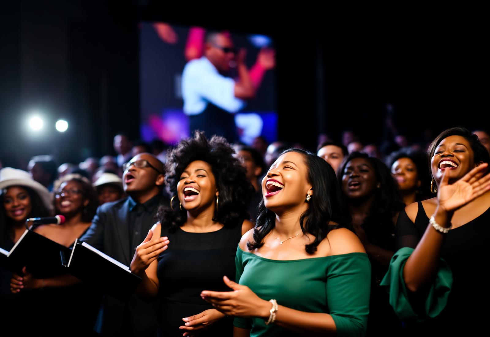 Choir singing joyfully on stage