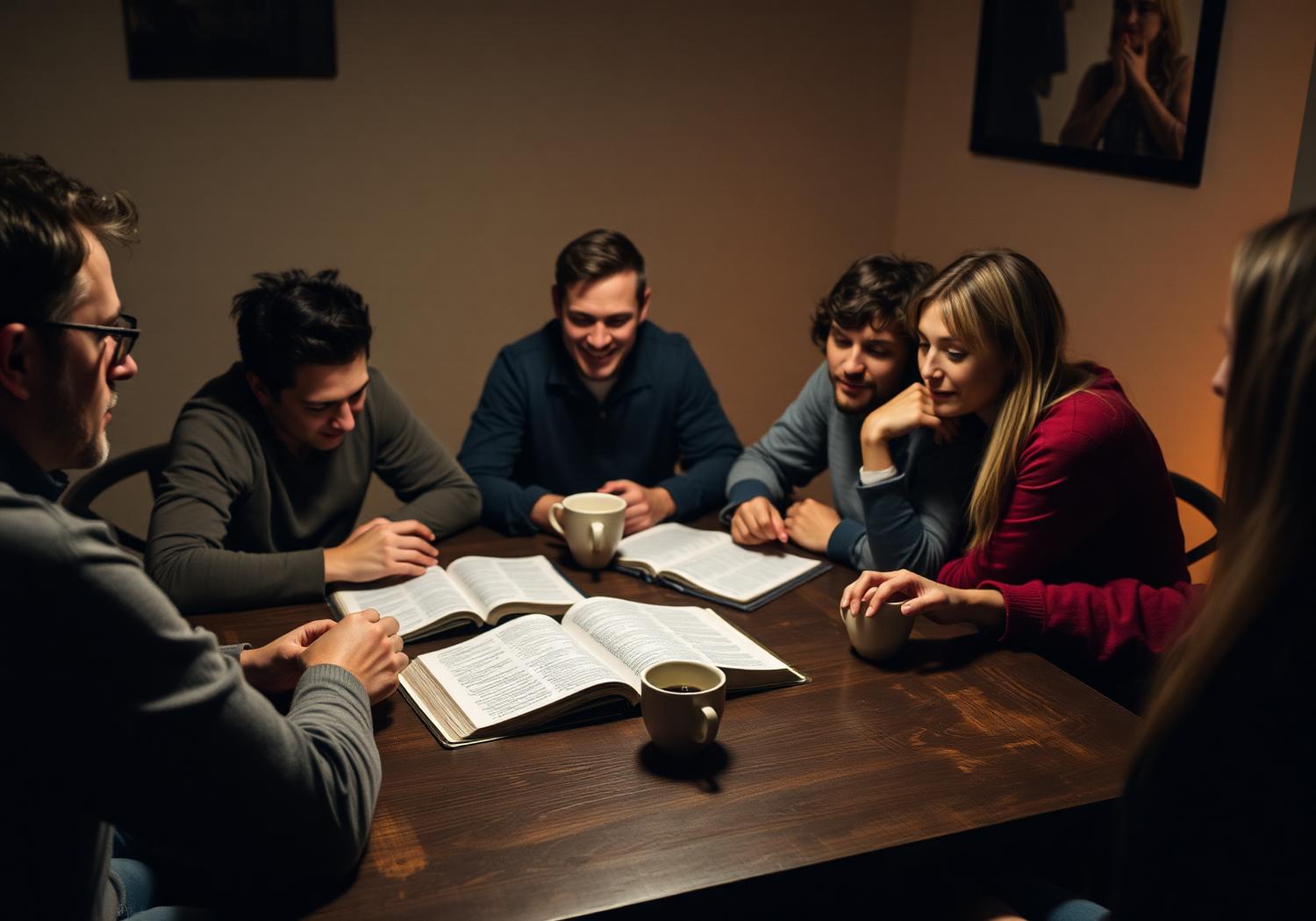 Small group gathered around open Bibles