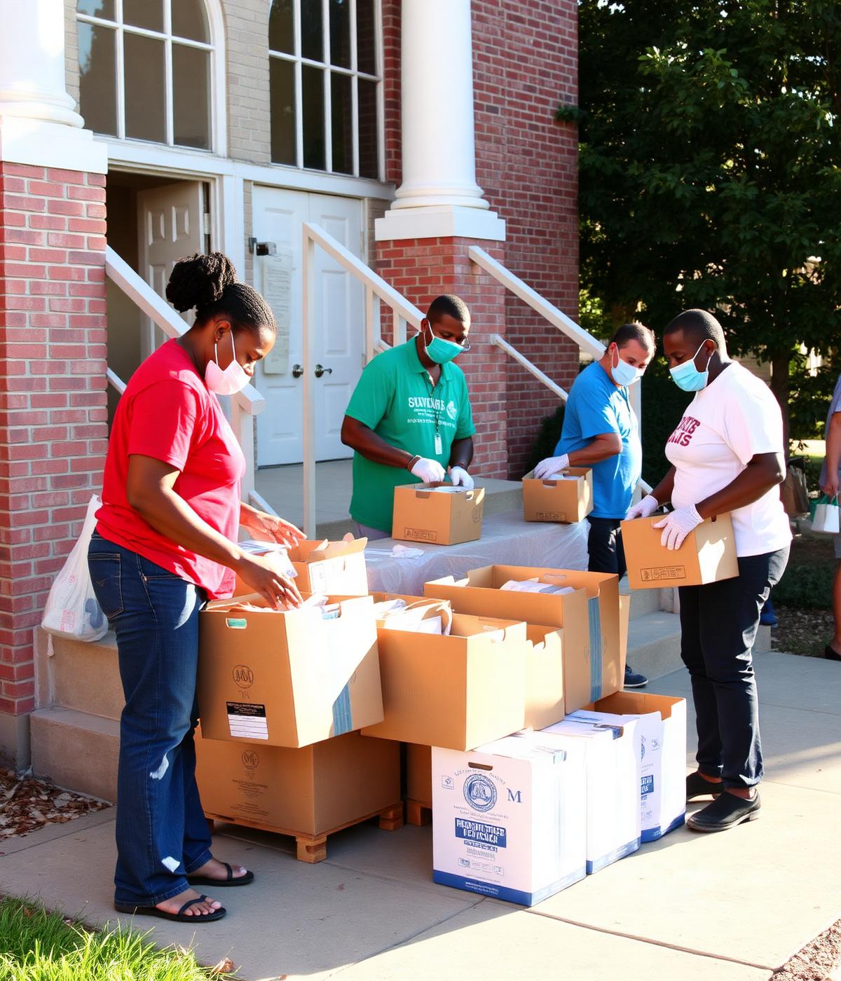 Volunteers packing meal boxes for the community