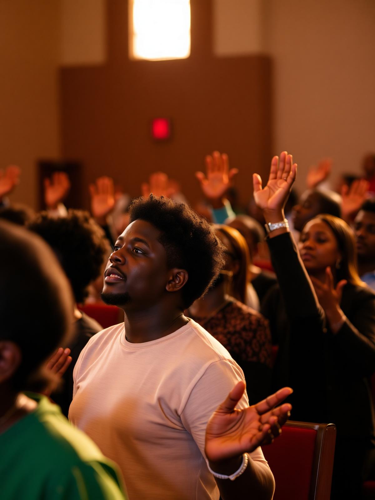 Congregation with hands raised in worship